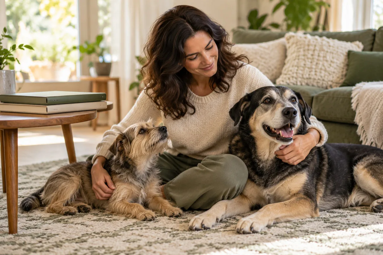 Owner sitting on a rug with two different dogs at home