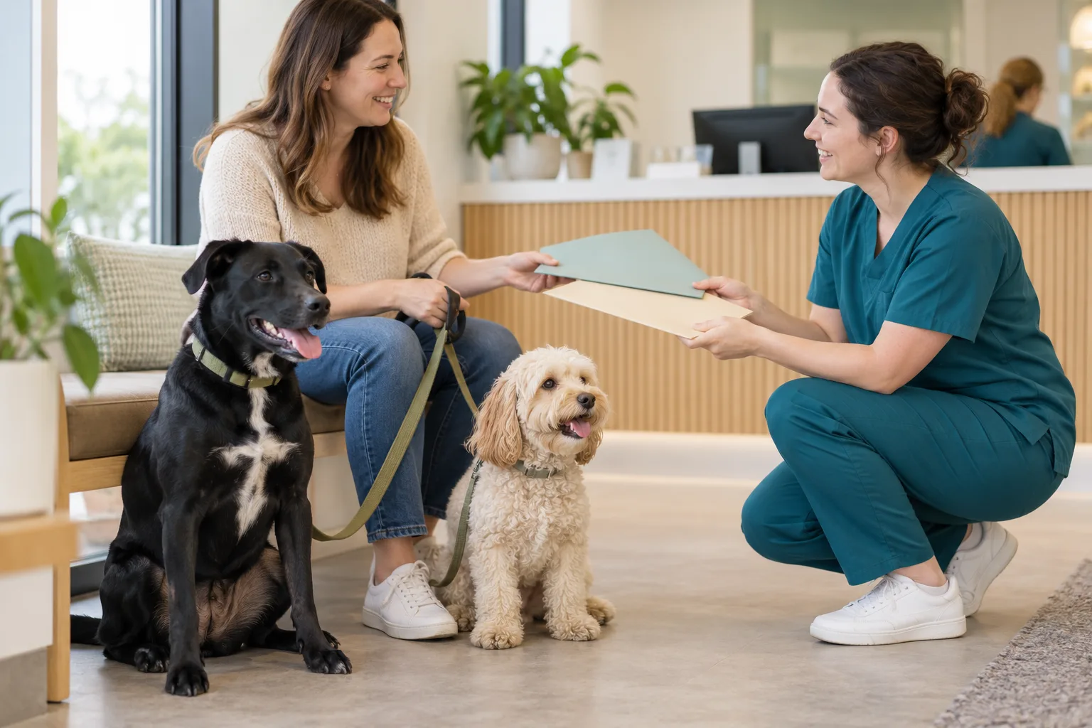 Two dogs with their owner and a veterinary professional in a clinic